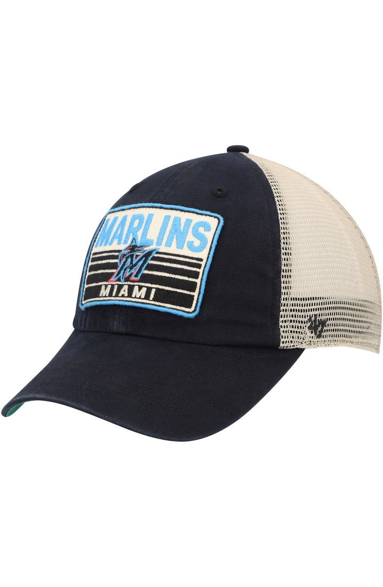 '47 Men's '47 Black Miami Marlins Four Stroke Clean Up Trucker Snapback Hat, Main, color, 