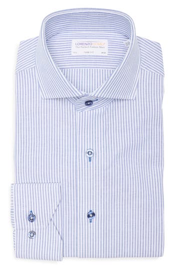 Lorenzo Uomo Trim Fit Vertical Stripe Cotton Dress Shirt In White/blue