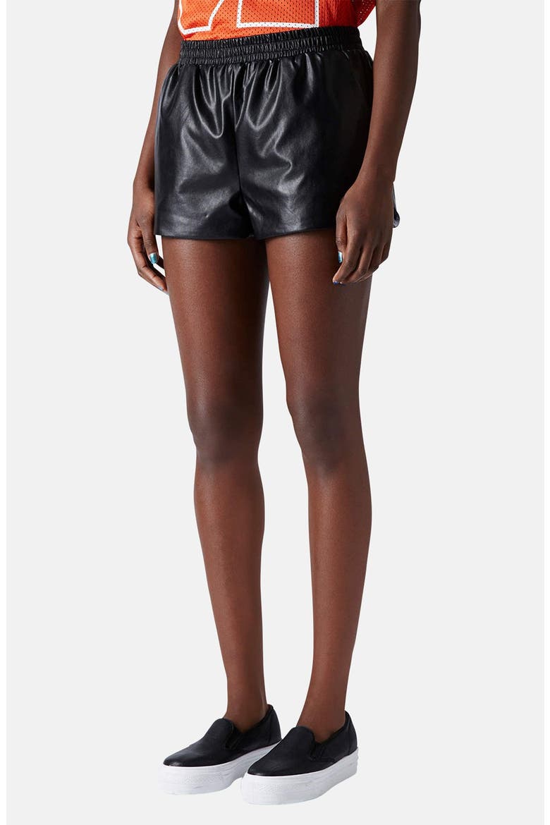 Faux Leather Running Shorts, Main, color, BLACK