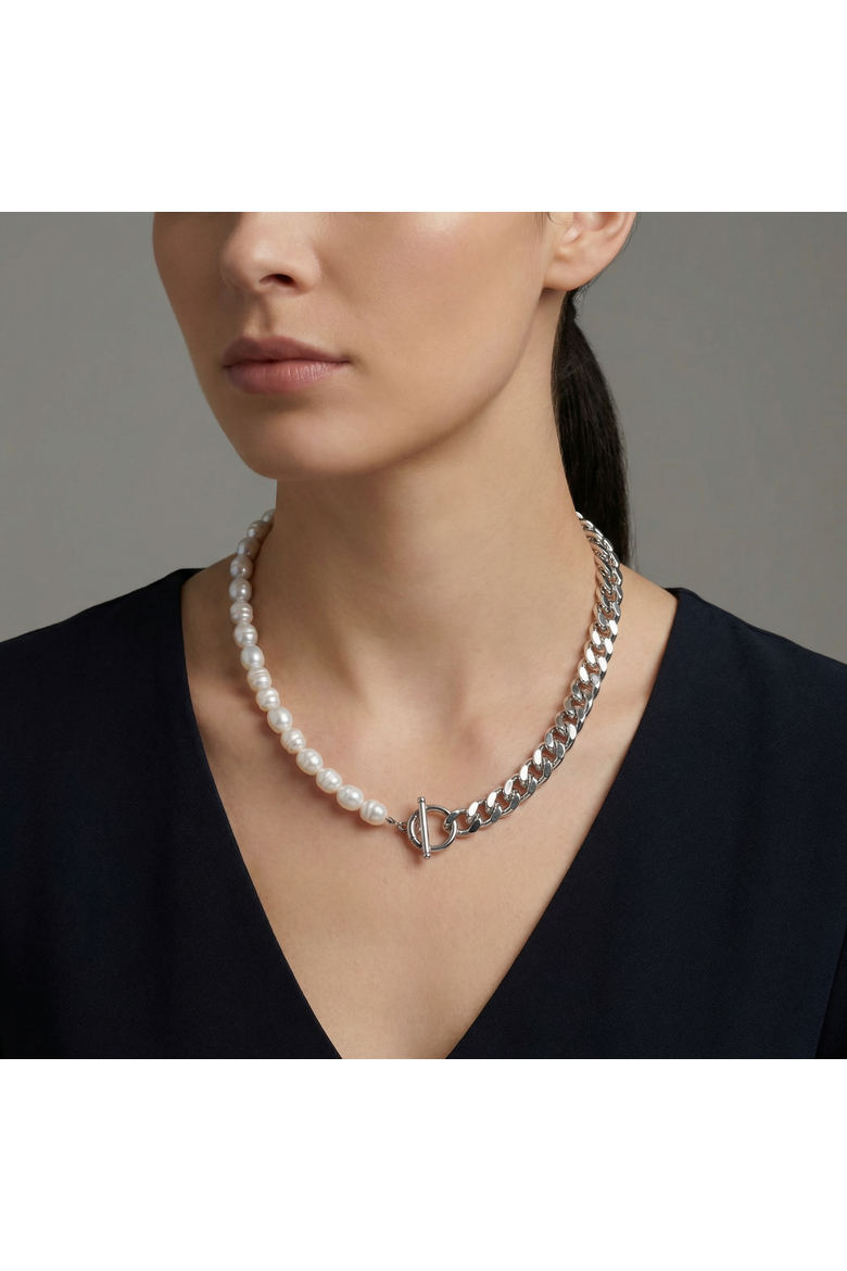 Fresh Water Pearl Half Curb Link Necklace 18" Toggle Clasp, Alternate, color, Silver