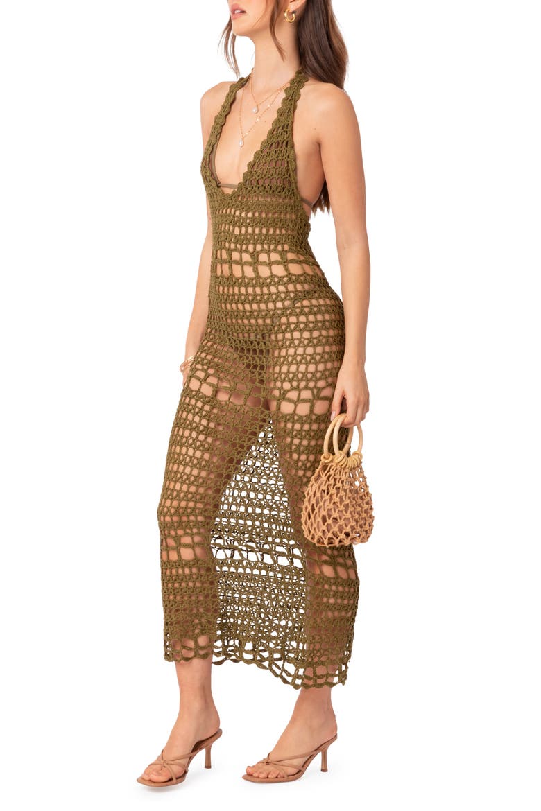 Tahoe Open Back Crochet Cover-Up Maxi Dress, Alternate, color, OLIVE