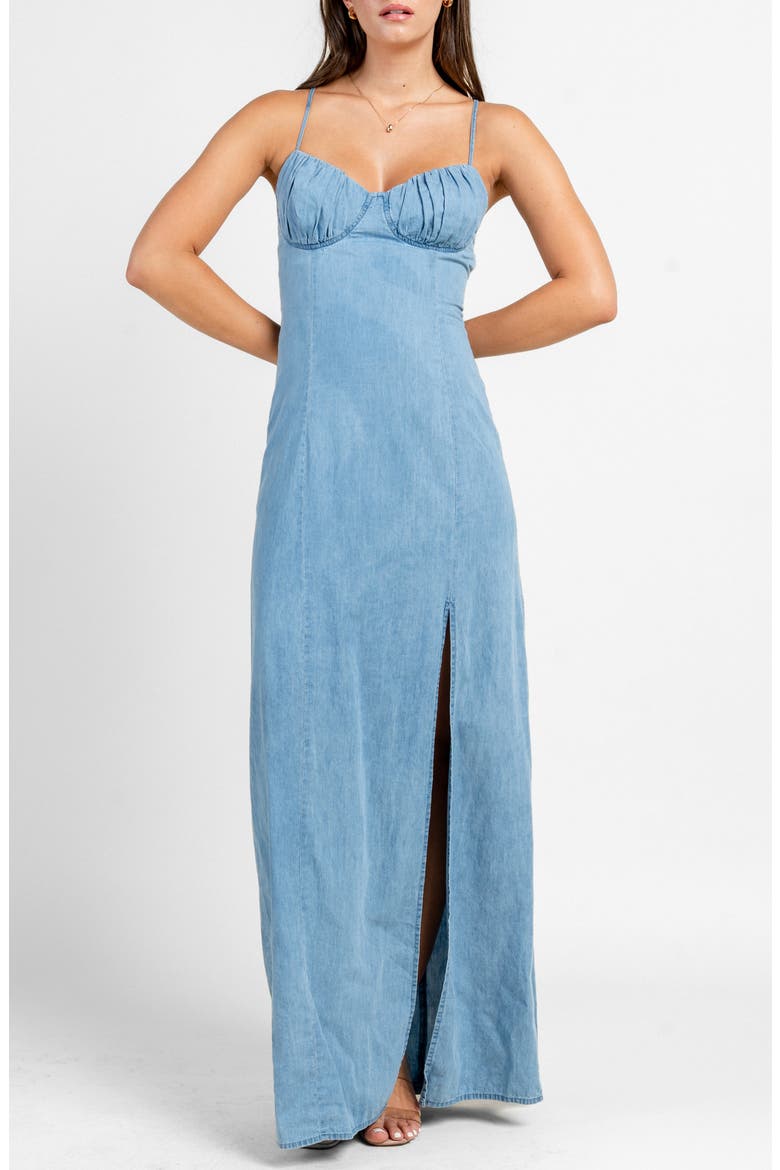 Ruched Bust Denim Maxi Dress, Alternate, color, BLUE
