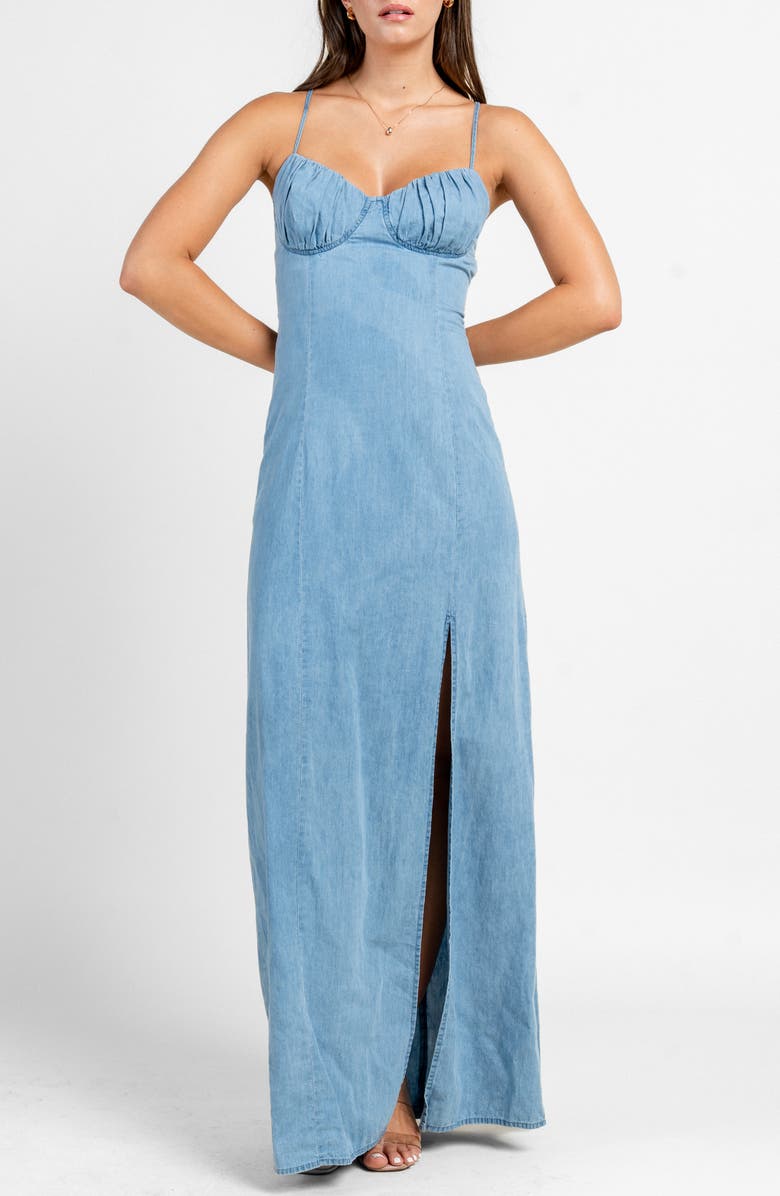 Beivy Ruched Bust Denim Maxi Dress, Alternate, color, Blue