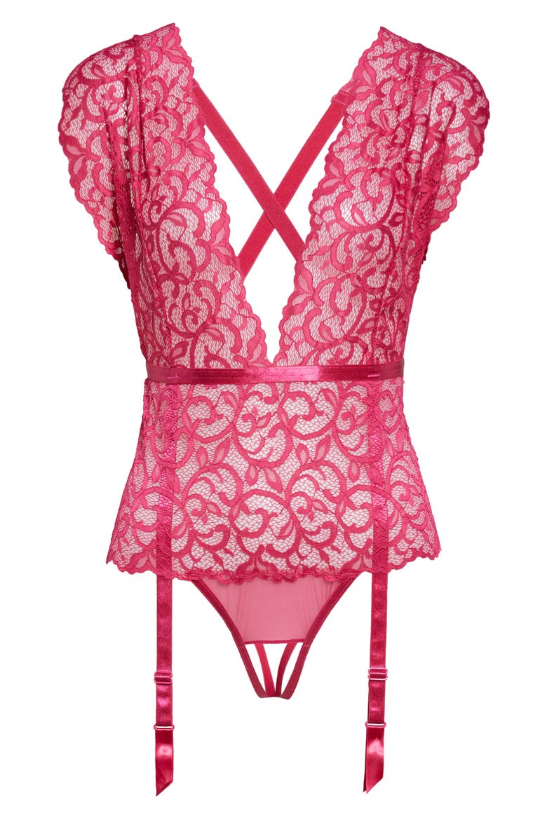 Lace Teddy with Garter Straps, Alternate, color, CHERRIES JUBILEE
