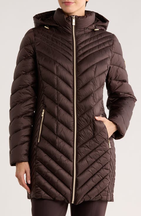 Chevron Quilted Longline 400 Fill Power Hooded Puffer Jacket