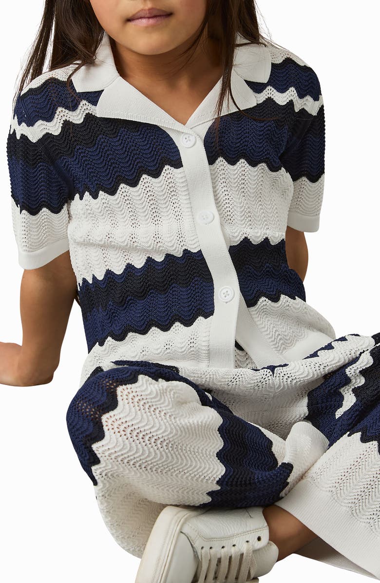 Reiss Kids' Alba Sr. Stripe Open Stitch Cotton Polo Sweater, Alternate, color, Navy