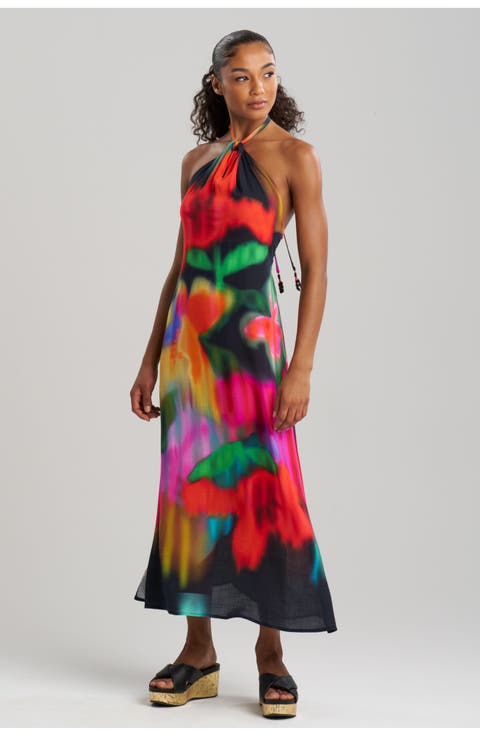 Floral Mirage - Printed Rayon Halter Dress w/ Tassel