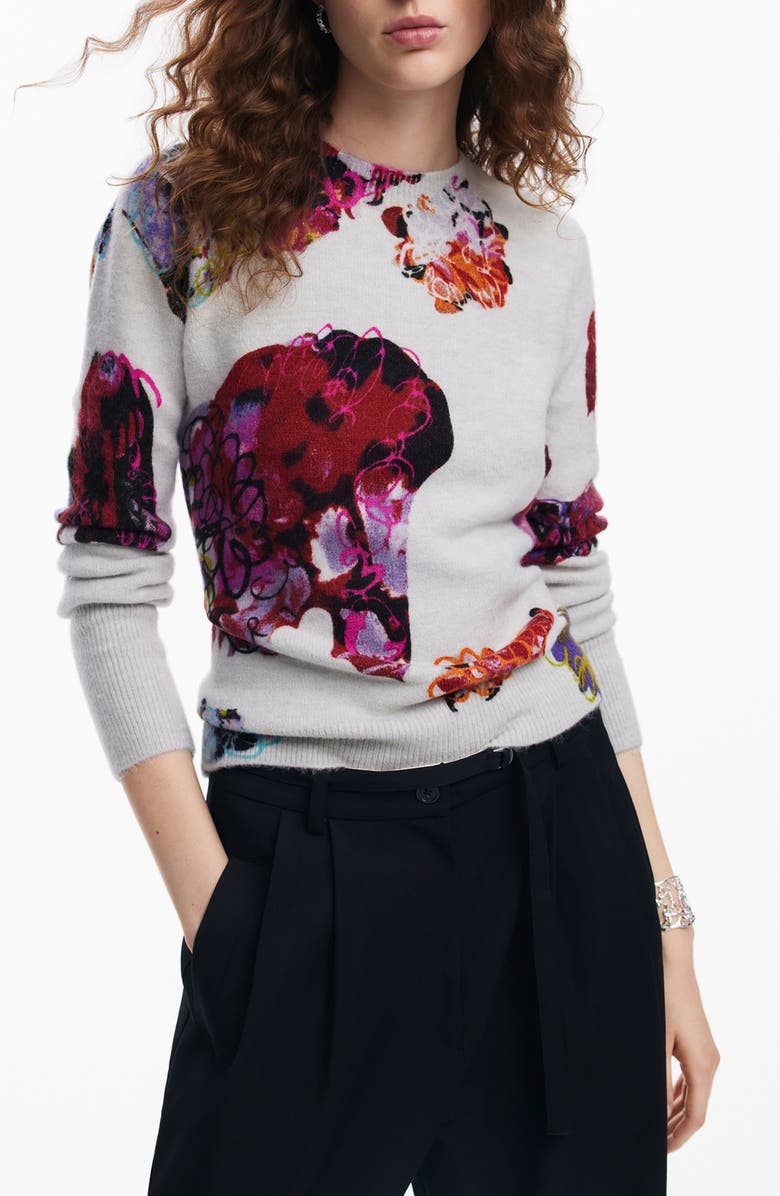 Desigual Maxflower Scribble Print Floral Crewneck Sweater, Main, color,