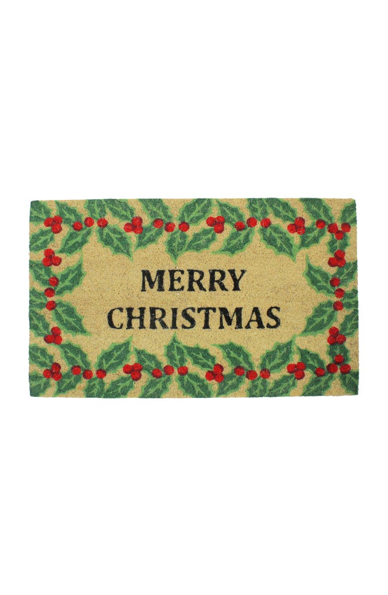 Northlight Natural Coir Holly Berries "Merry Christmas"  Doormat 18" x 30", Main, color, Red
