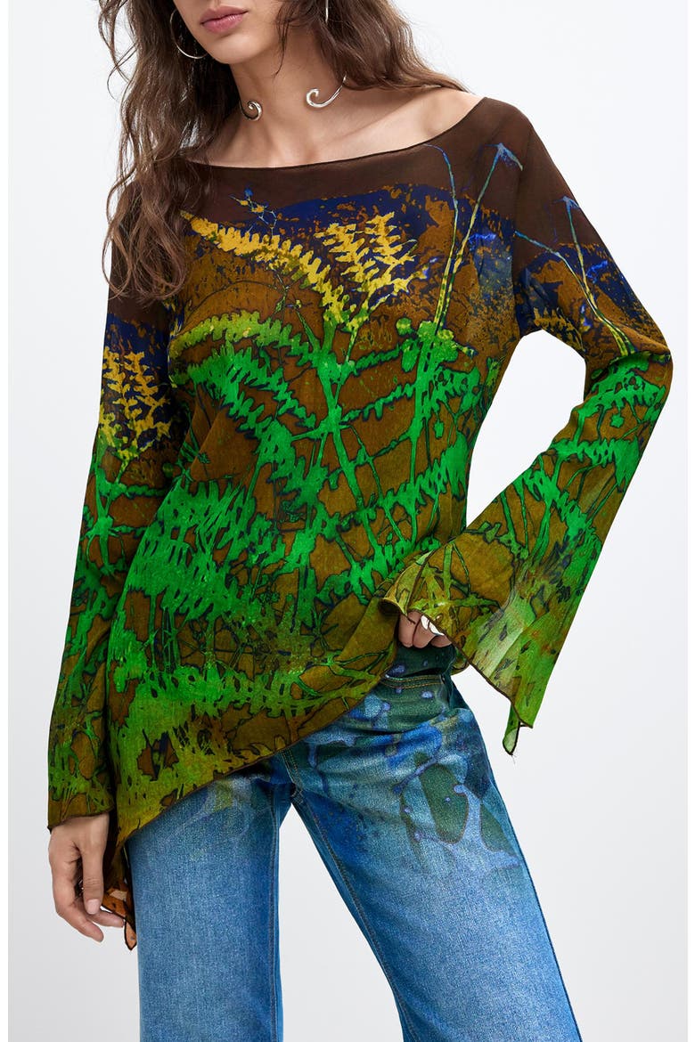Asymmetric Printed Flared Sleeve Blouse, Main, color, GREEN
