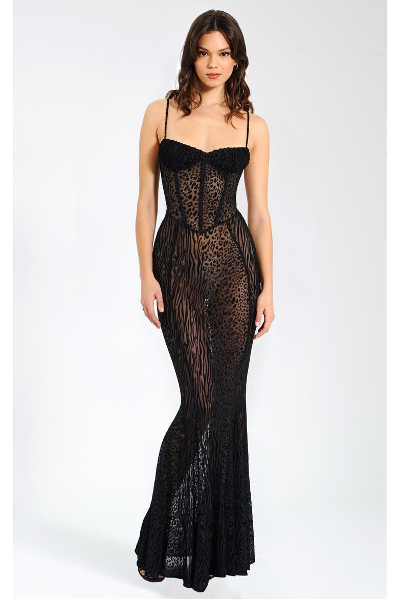 Ulanii Sheer Mesh Burnout Velvet Maxi Dress, Main, color, Black