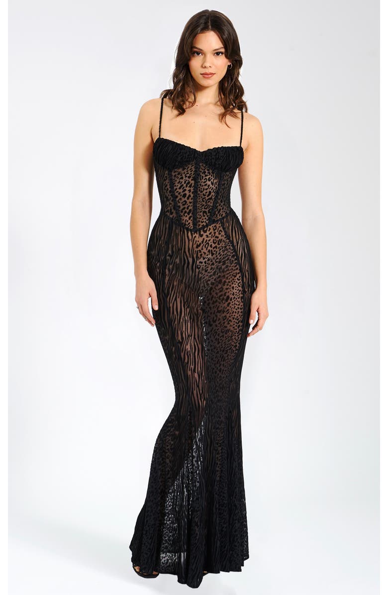 Miss Circle Ulanii Sheer Mesh Burnout Velvet Maxi Dress, Main, color, Black