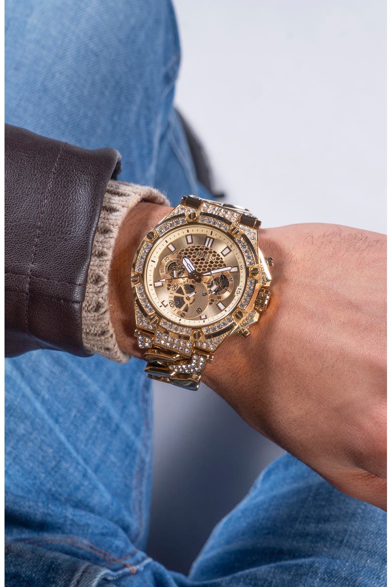 Multifunction Crystal Skeleton Curb Chain Bracelet Watch, 46mm, Alternate, color, GOLD/GOLD/GOLD