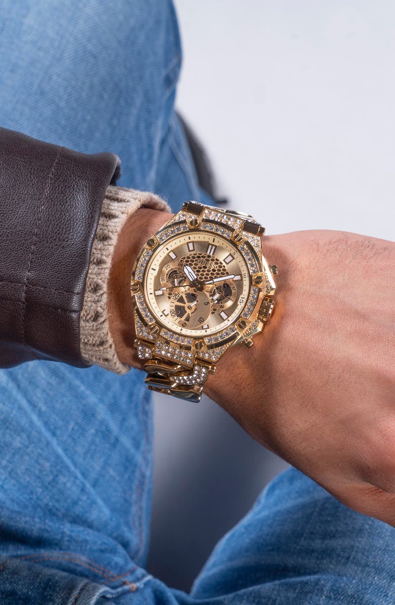 GUESS Multifunction Crystal Skeleton Curb Chain Bracelet Watch, 46mm, Alternate, color, 