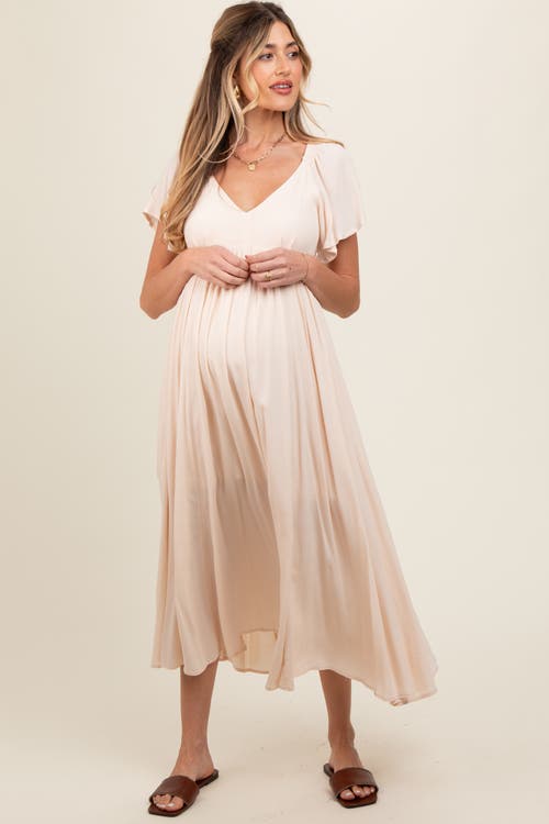 Pinkblush V-neck Flutter Short Sleeve Midi Dress In Neutral