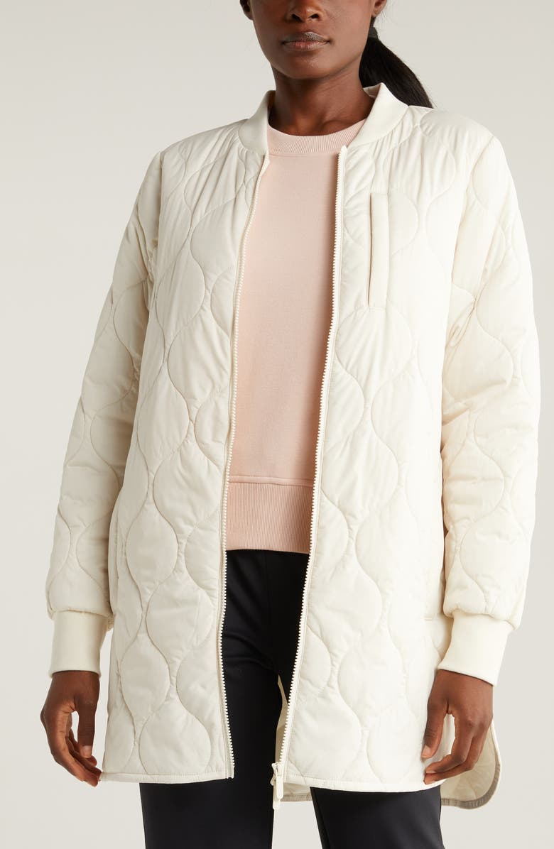 Zella Recycled Polyester Quilted Long Jacket, Main, color, Ivory Egret