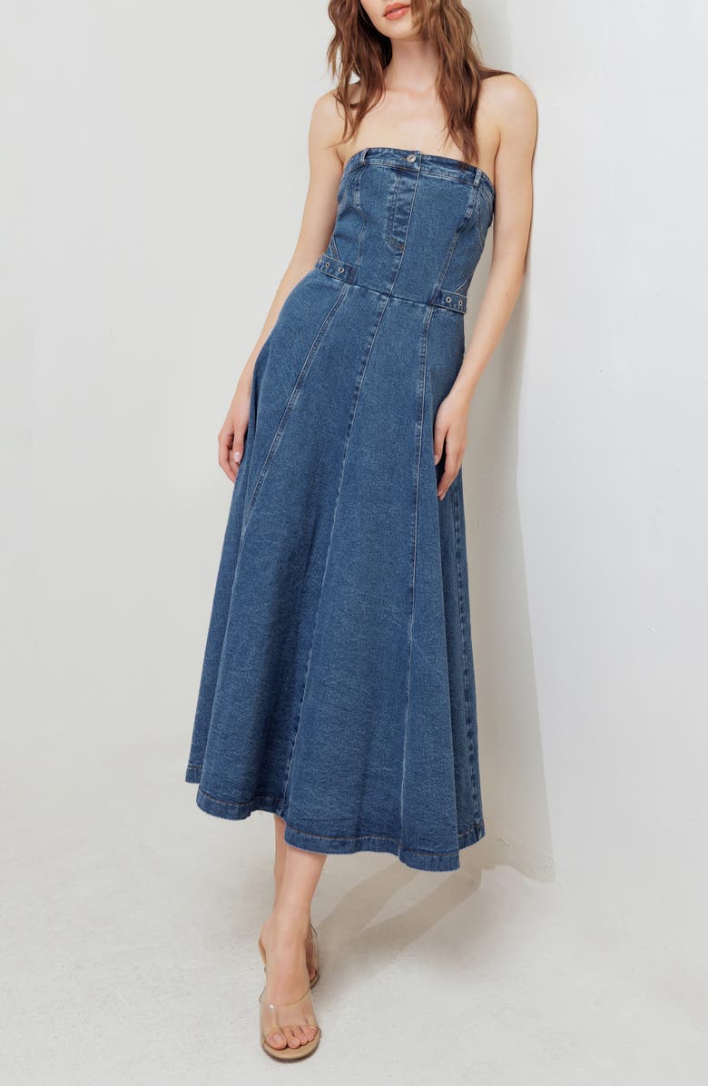 FREEMARKET Strapless Denim Maxi Dress, Alternate, color, Indigo Denim