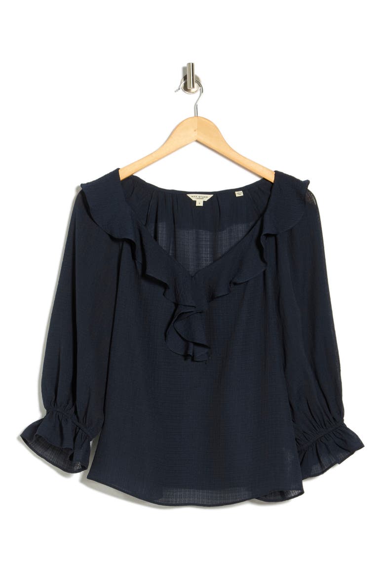 Ruffle V-Neck Top, Alternate, color, DARK NAVY