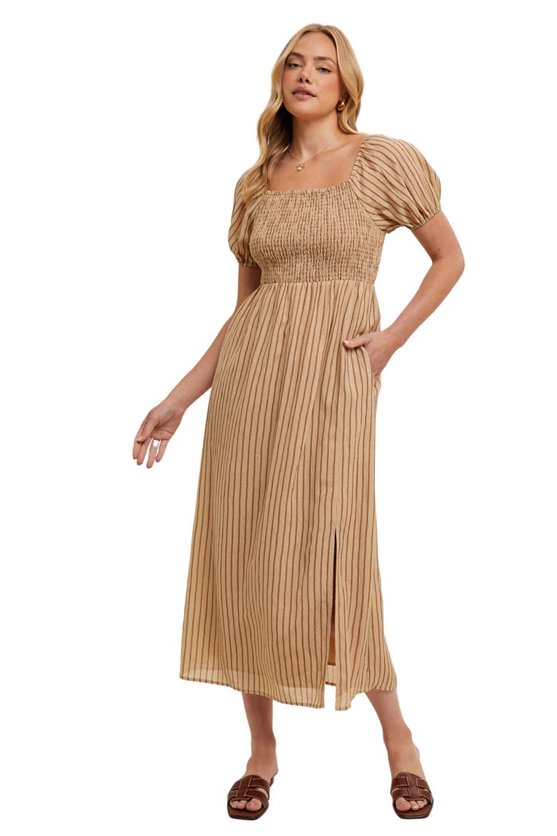 Stripe Short Sleeve Midi Dress, Alternate, color, TAUPE/ CAMEL