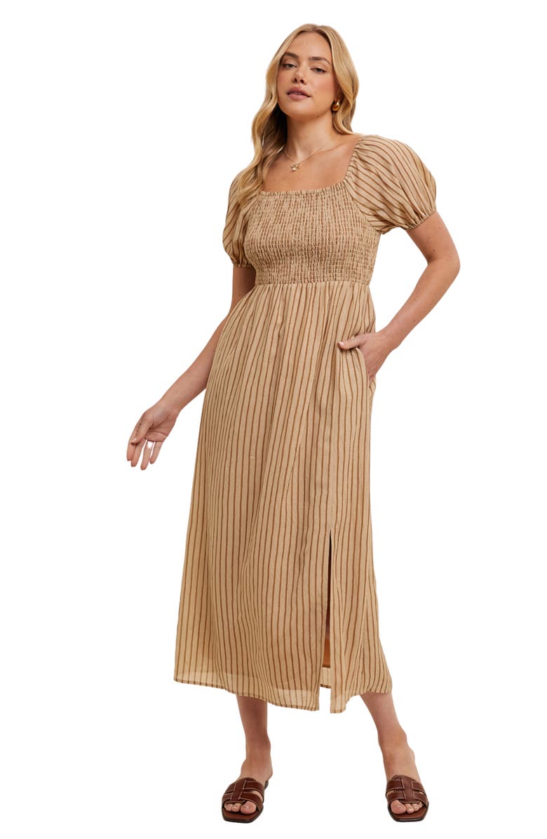 WISHLIST Stripe Short Sleeve Midi Dress, Alternate, color, Taupe/ Camel