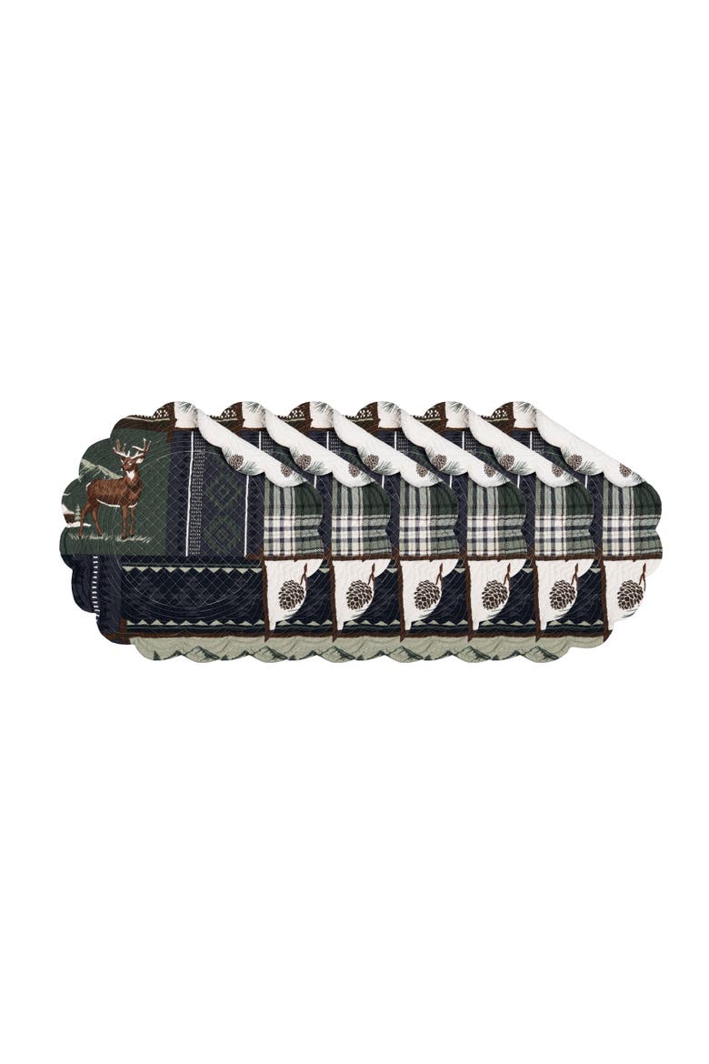 Greenstone Pines Round Scalloped Placemats Set of 6 Black Bear Moose, 17", Main, color, Green