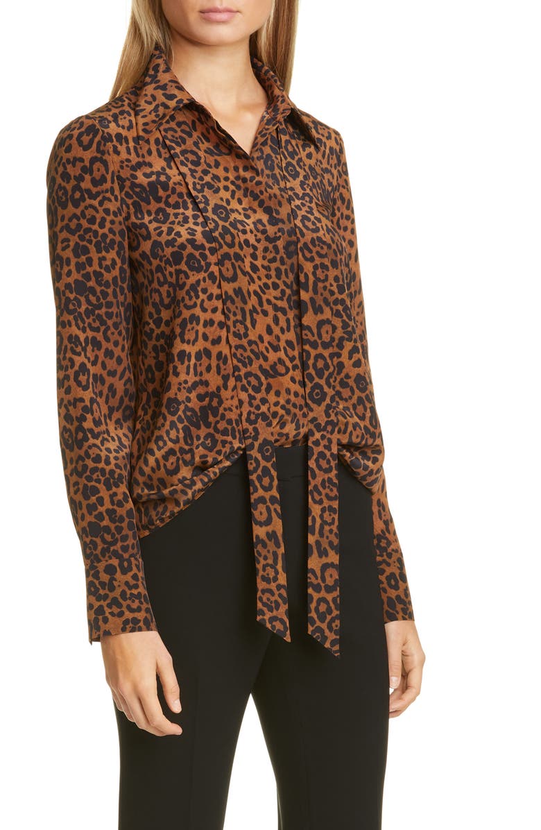 Lafayette 148 New York Diana Leopard Tie Neck Silk Blouse, Main, color,