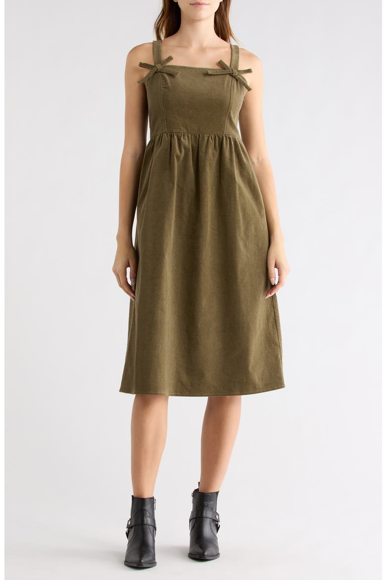 Corduroy Bow Strap Overalls Midi Dress, Main, color, TAUPE