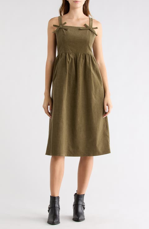 Corduroy Bow Strap Overalls Midi Dress