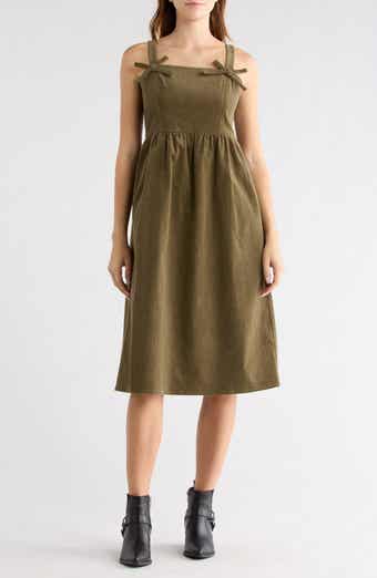 WISHLIST Corduroy Bow Strap Overalls Midi Dress