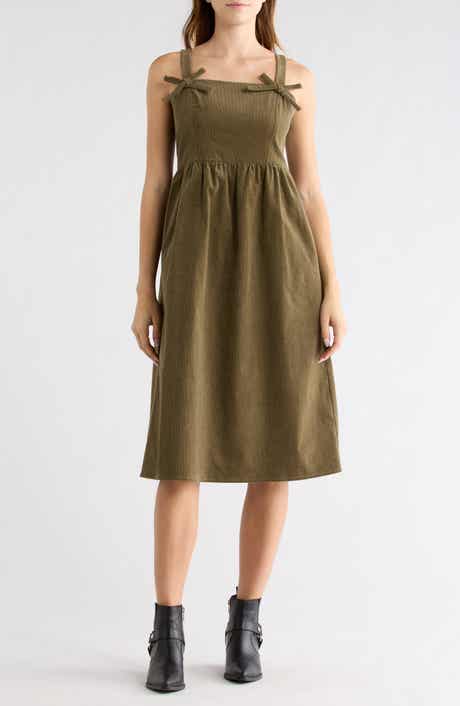 WISHLIST Corduroy Bow Strap Overalls Midi Dress