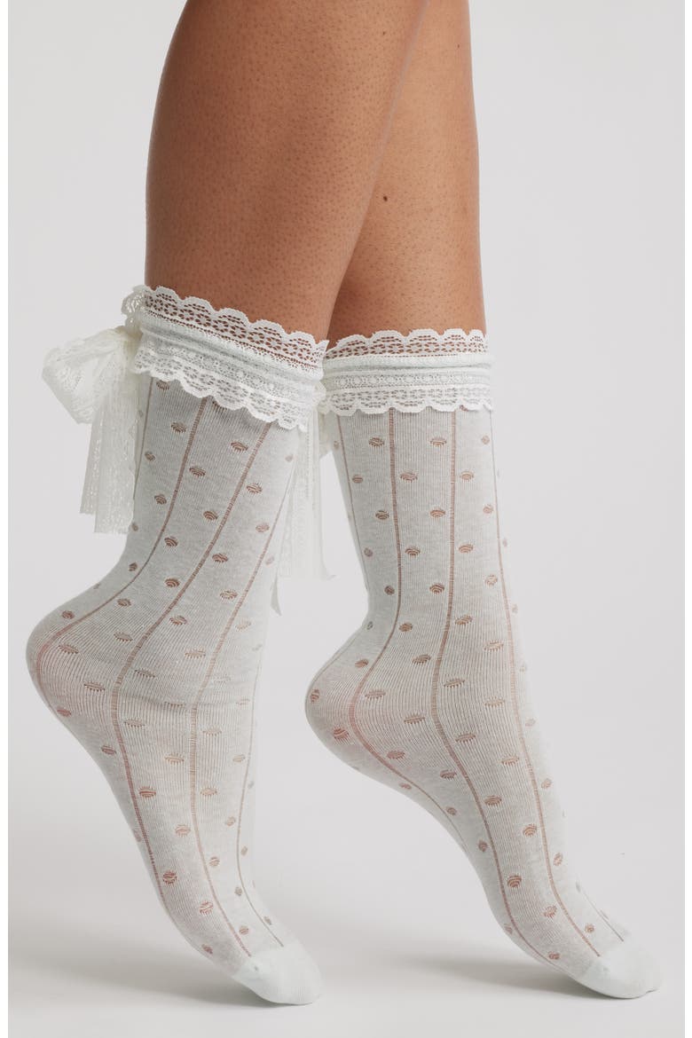 Lace Trim Cotton Blend Crew Socks, Main, color, ICE