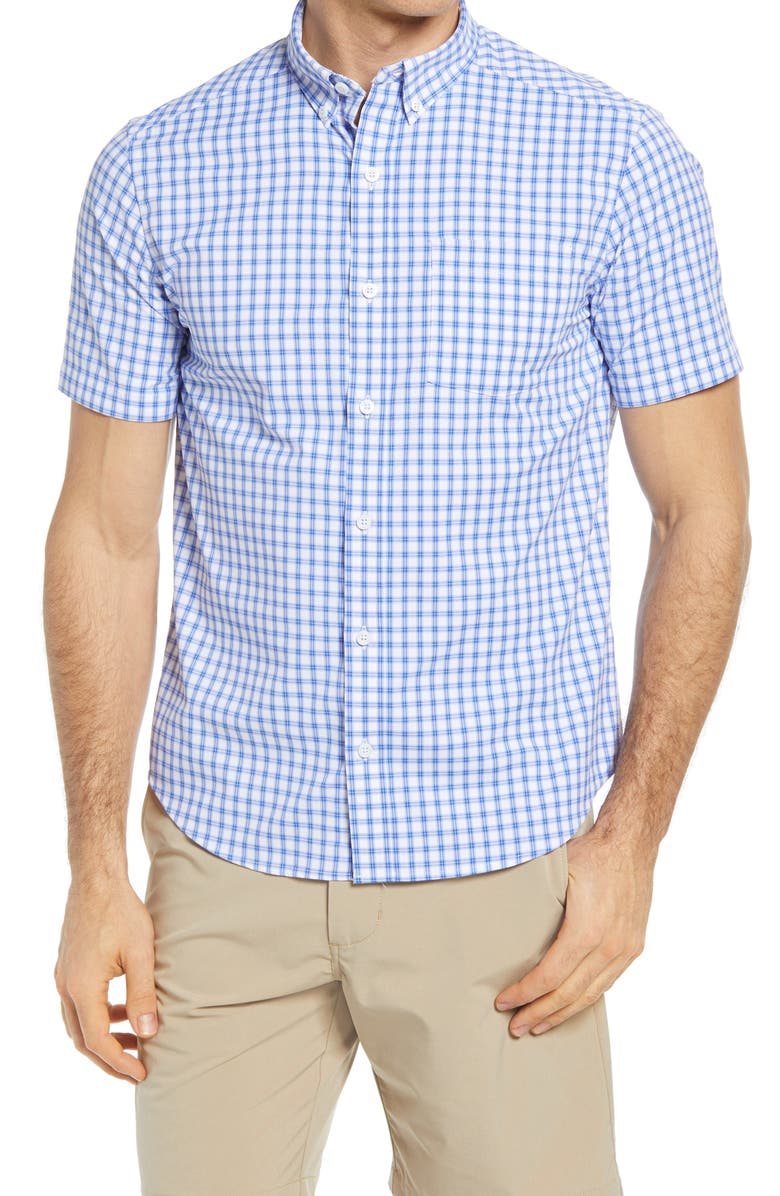 Johnston & Murphy XC4 Windowpane Stretch Short Sleeve Button-Down Shirt, Main, color, 