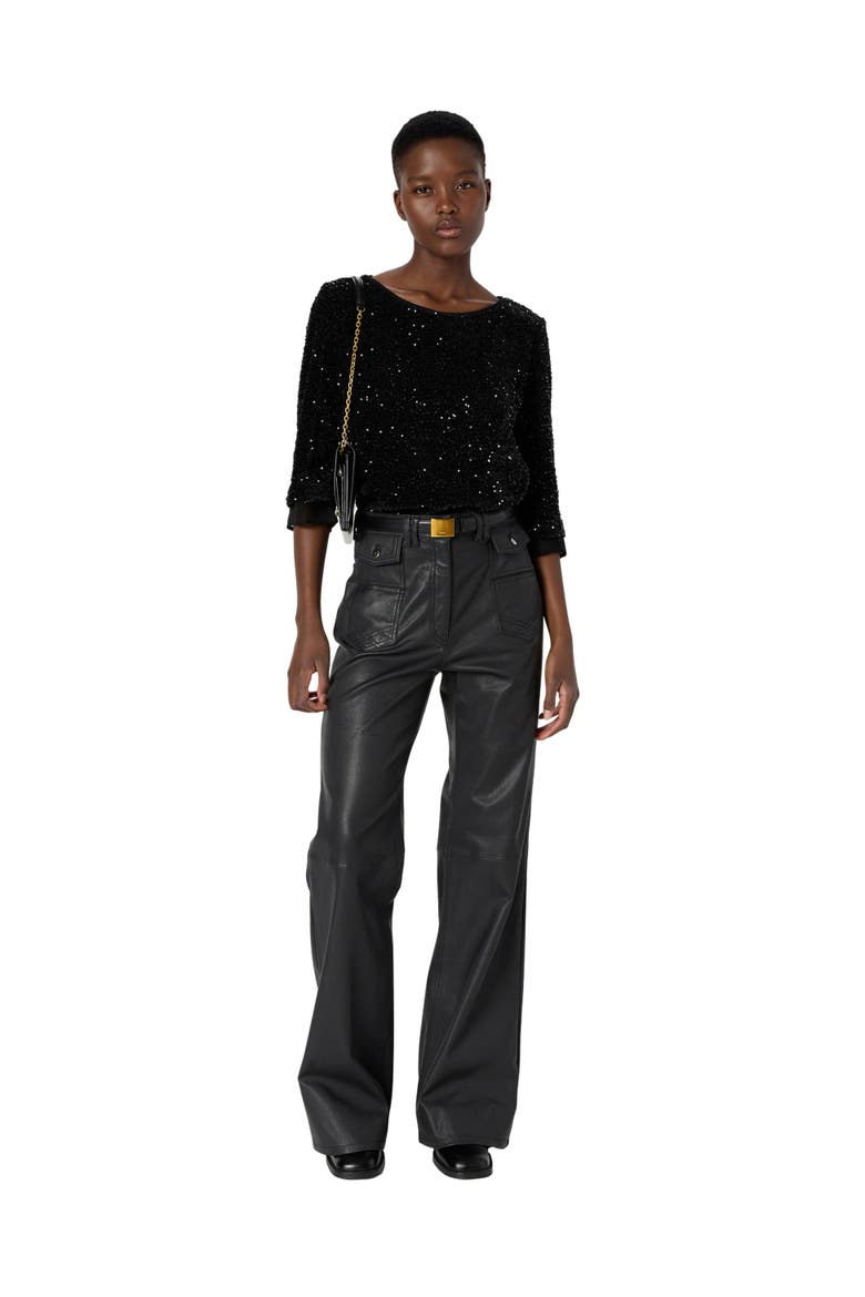 Alienor Sequin 3/4 Sleeve Voile Trim Top, Alternate, color, Black