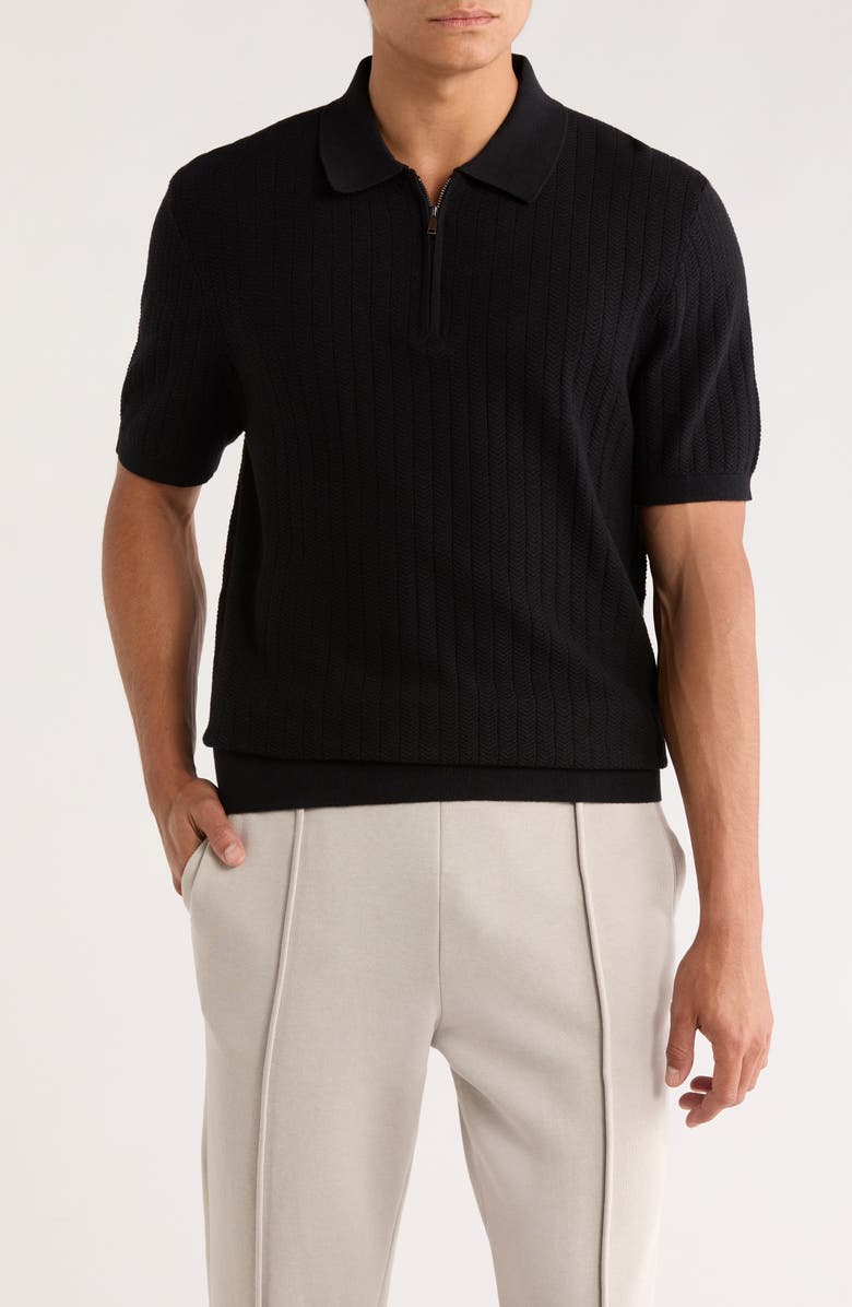 DENIM AND FLOWER Textured Quarter Zip Knit Polo, Main, color, Black