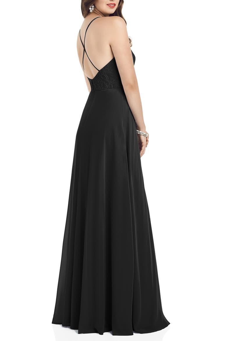 Plunge Neck Lace & Chiffon Gown, Alternate, color, BLACK