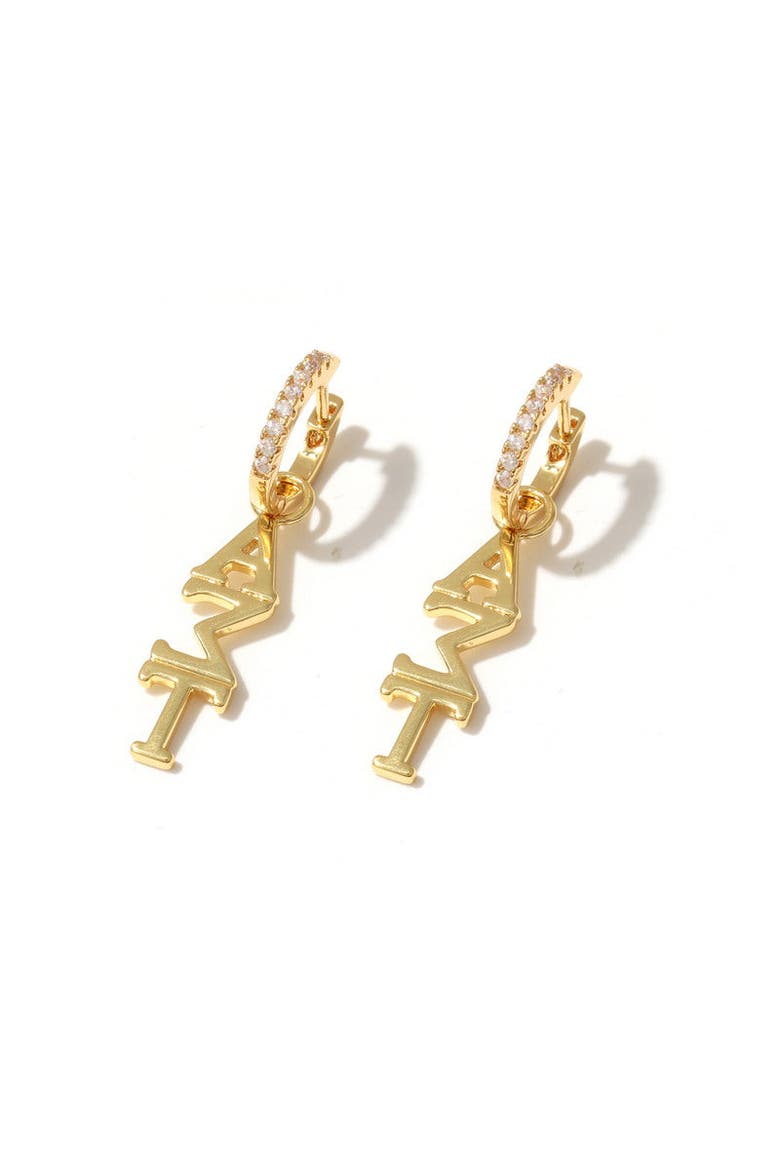Alpha Sigma Tau Greek Letter Huggie + Charm Earrings, Main, color, Yellow Gold