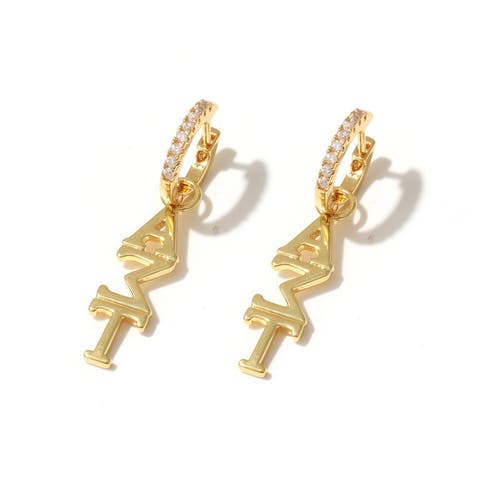 Color Shout Alpha Sigma Tau Greek Letter Huggie + Charm Earrings In Brown