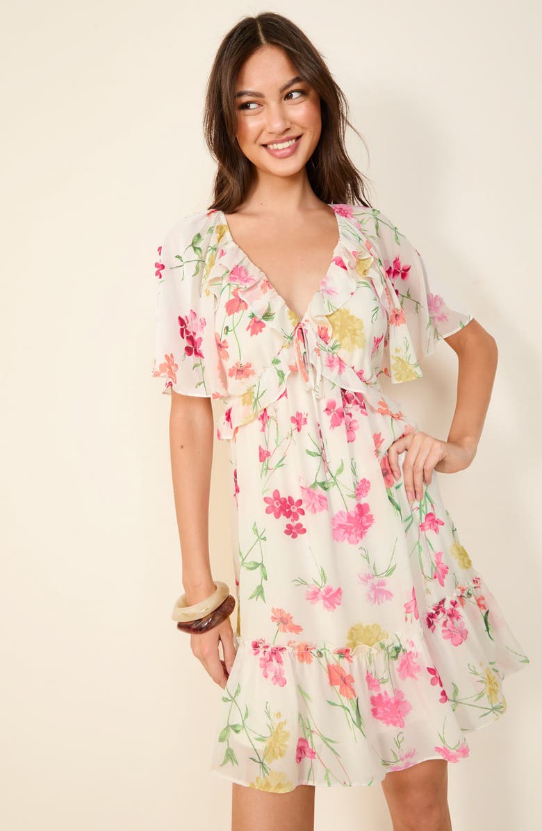 Friends Like These Floral Chiffon Minidress, Alternate, color, White