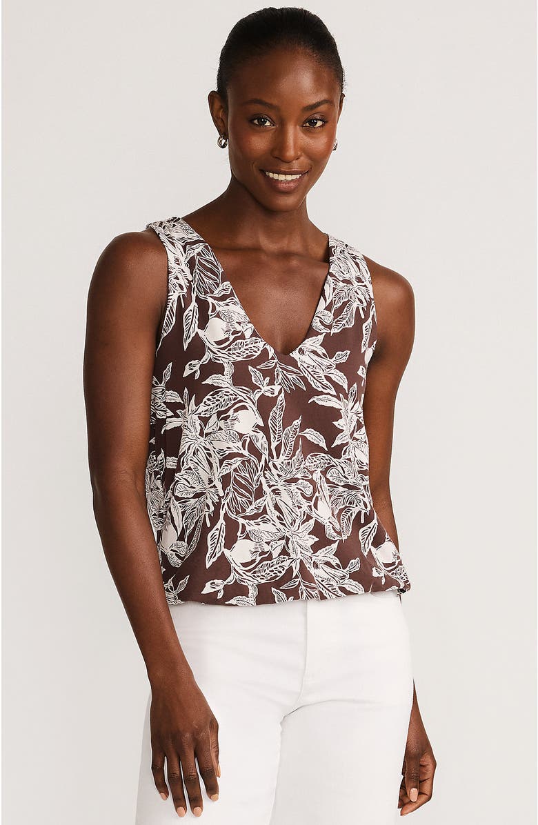Lands' End Lightweight Jersey Blouson Vneck Tank, Main, color, Bark/Vanilla Etched Leaves