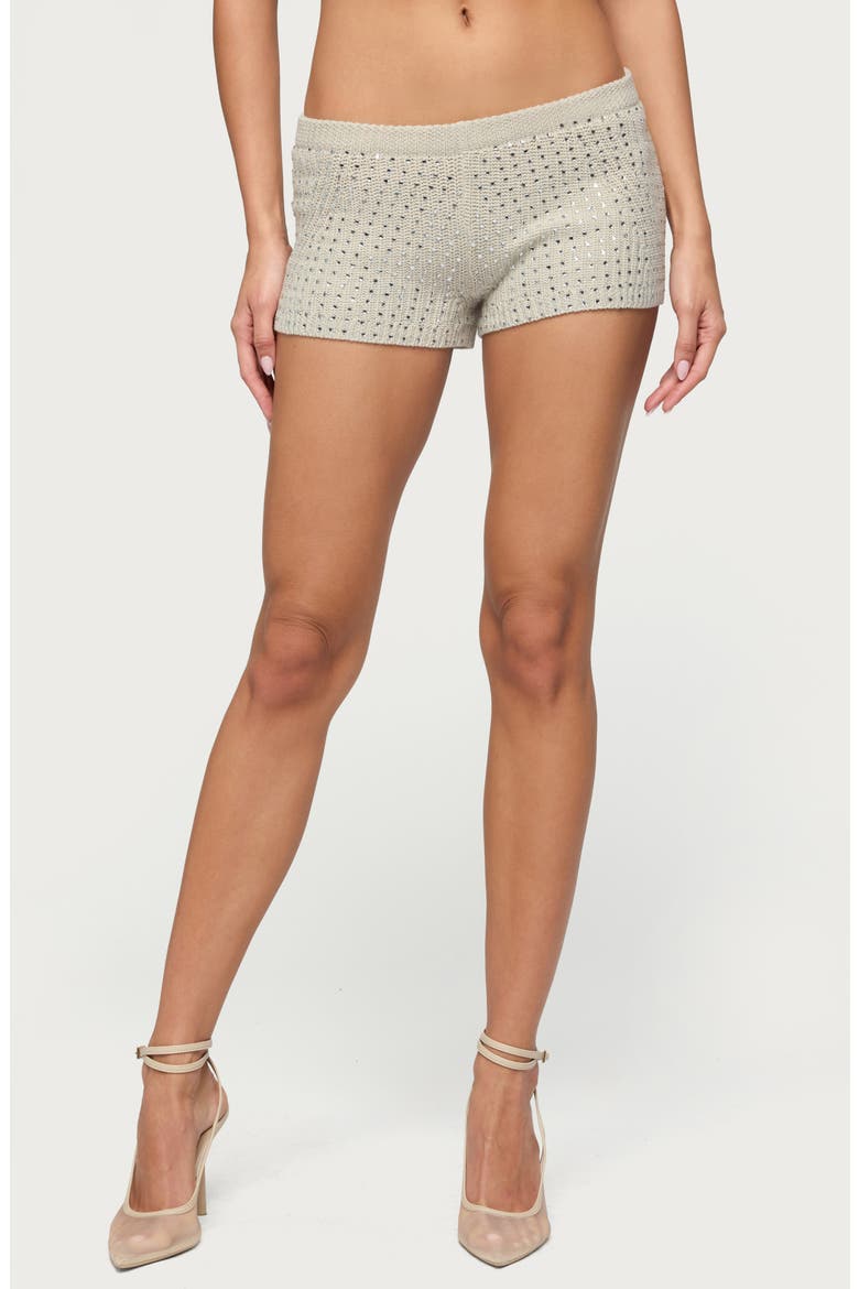 Mackenzie Rhinestone Cotton Knit Shorts, Main, color, BEIGE