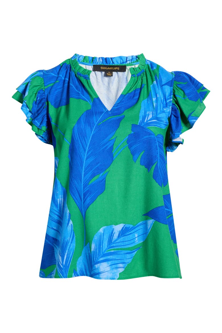 Risette Flutter Sleeve Split Neck Top, Alternate, color, GREEN-BLUE