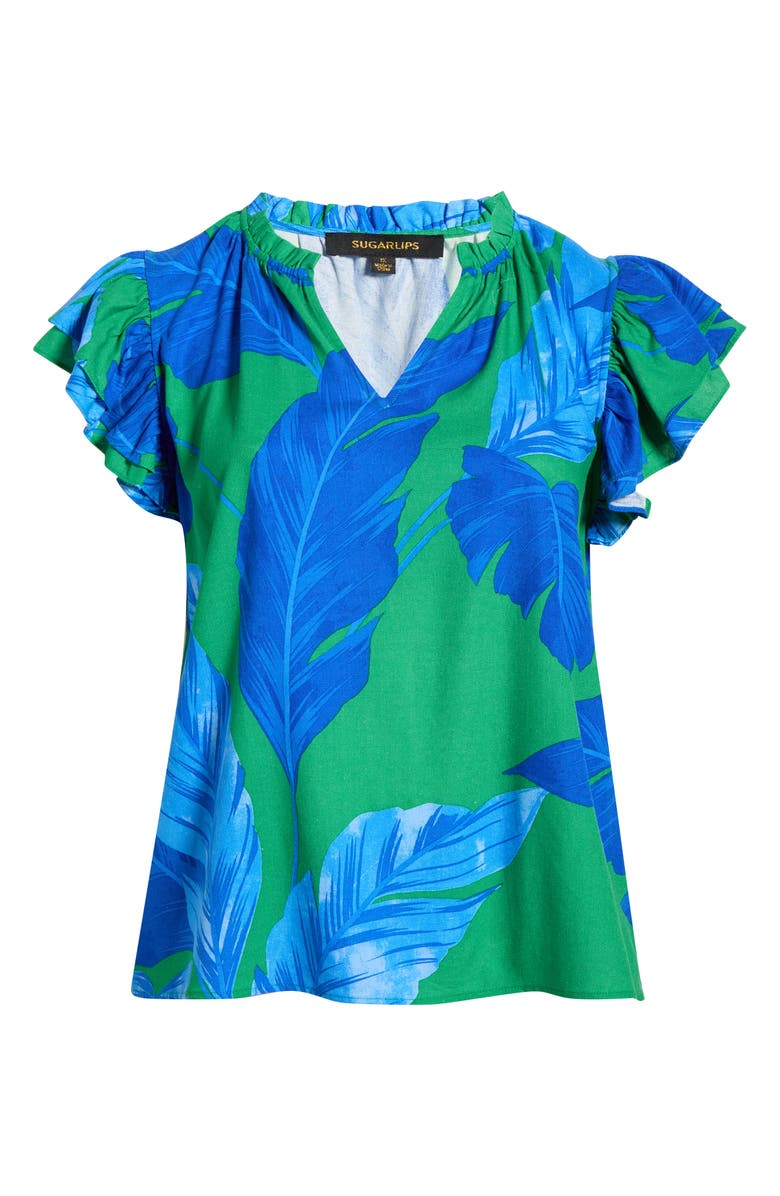 SUGARLIPS Risette Flutter Sleeve Split Neck Top, Alternate, color, Green-Blue