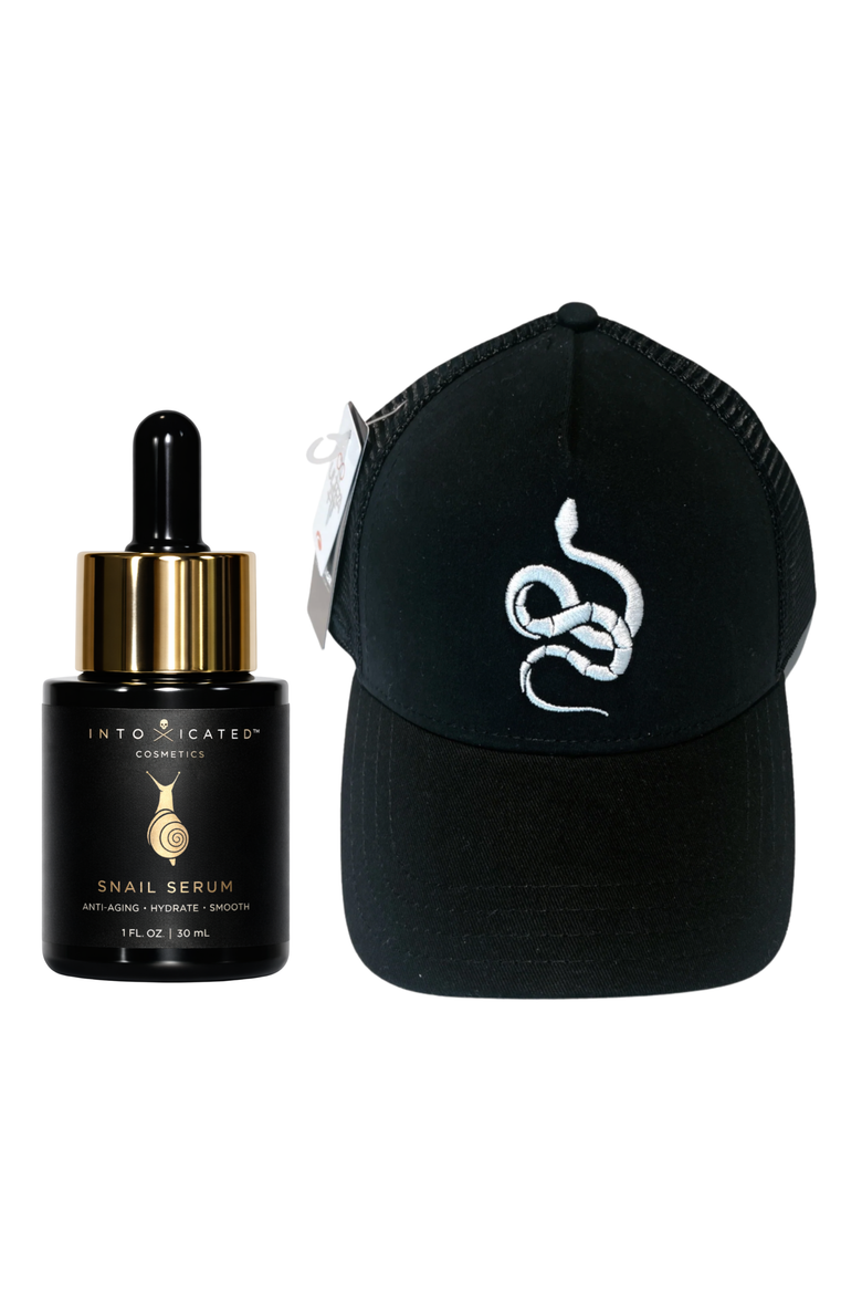 Snail Serum + Intoxicated Cosmetics Hat Bundle | 1 fl oz/ 30 ml | Anti-Aging Formula with Vegan Snake Peptides | Hydrating Hyaluronic Acid | Niacinamide for Radiant Skin Repair, Main, color, None