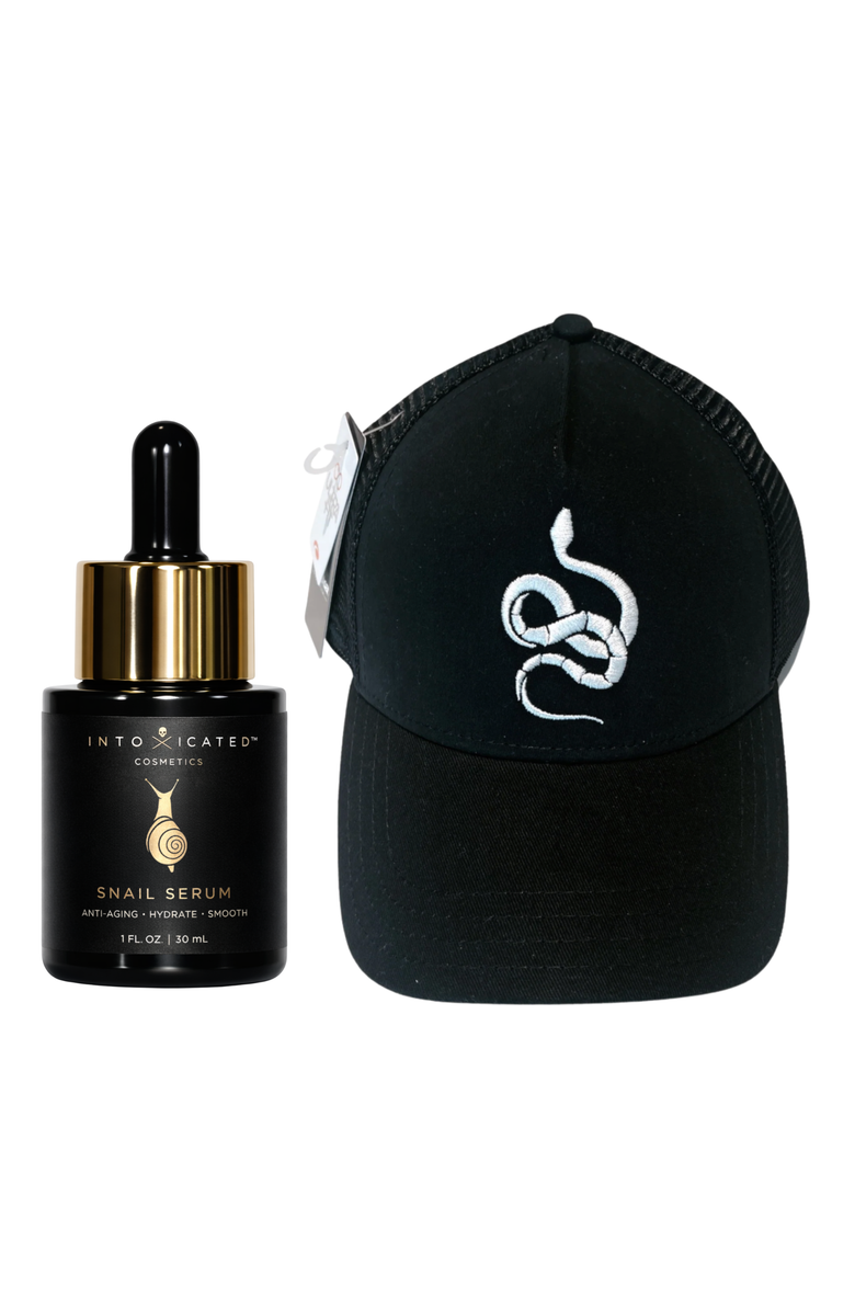 Intoxicated Cosmetics Snail Serum + Intoxicated Cosmetics Hat Bundle | 1 fl oz/ 30 ml | Anti-Aging Formula with Vegan Snake Peptides | Hydrating Hyaluronic Acid | Niacinamide for Radiant Skin Repair, Main, color, NO COLOR