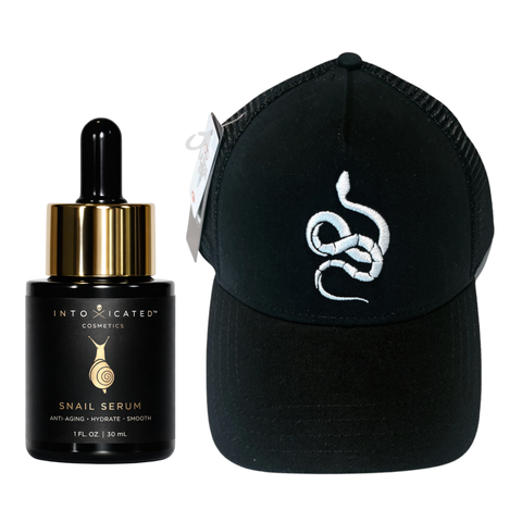 Snail Serum + Intoxicated Cosmetics Hat Bundle | 1 fl oz/ 30 ml | Anti-Aging Formula with Vegan Snake Peptides | Hydrating Hyaluronic Acid | Niacinamide for Radiant Skin Repair