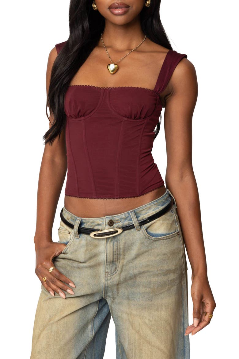 Marcella Mesh Corset Tank Top, Main, color, BURGUNDY