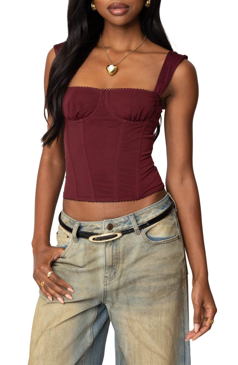 EDIKTED Marcella Mesh Corset Tank Top, Main, color, Burgundy