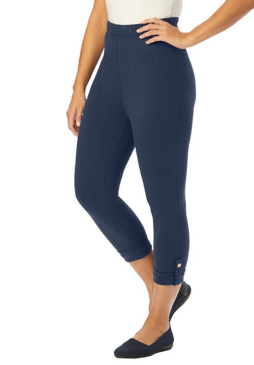 Jessica London Stretch Cotton Cuff-button Capri Legging In Blue