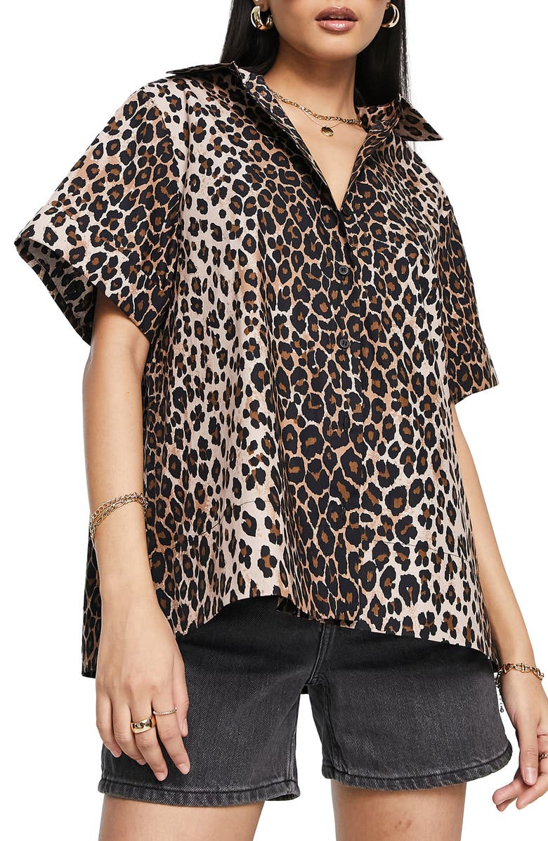 Topshop Women's Animal Print Short Sleeve Cotton Button-Up Shirt, Main, color,