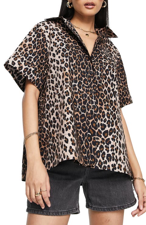 Women's Animal Print Short Sleeve Cotton Button-Up Shirt